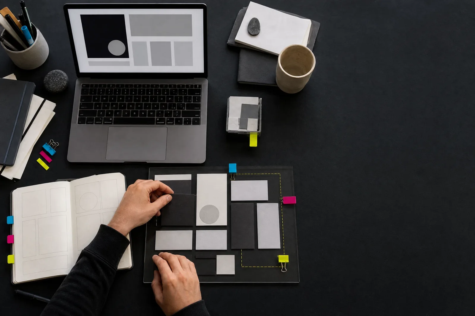 Hands organizing a practical small-business website operating system on a charcoal desk