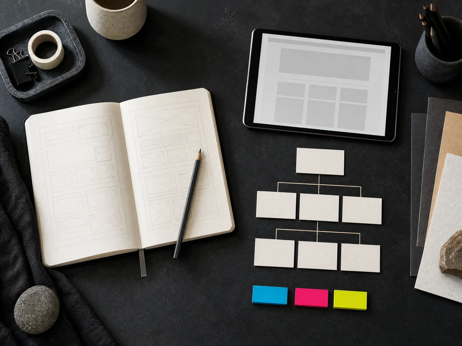Website planning workbench with page-map materials and cyan, magenta, and lime organization tabs